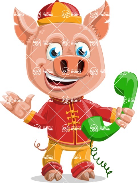 Year of the Pig Character - Vector Pig Cartoon - Year of the Pig Vector Character Talking on a Phone
